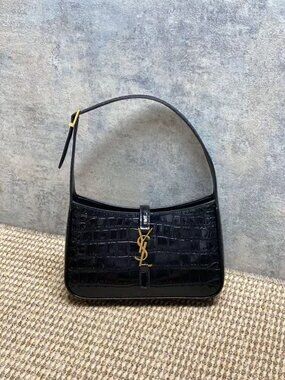 YSL Croc Embossed Leather Shoulder Bag | Black & Gold Classic Hobo Bag